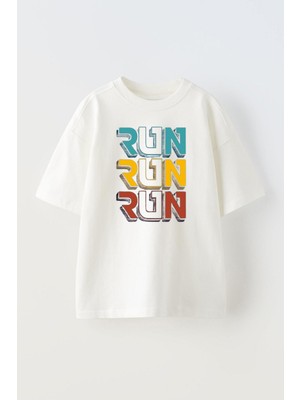 Nmg Tekstil Beyaz Oversize Pamuk Run Run Run Baskılı Örme T-Shirt