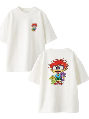 Nmg Tekstil Beyaz Oversize Pamuk Oyuncak Çizgi Karakter Ön Arka Baskılı Örme T-Shirt