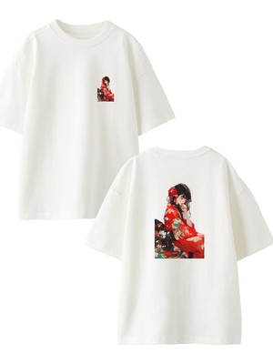 Nmg Tekstil Beyaz Oversize Pamuk Güzel Japon Kız Ön Arka Baskılı Örme T-Shirt