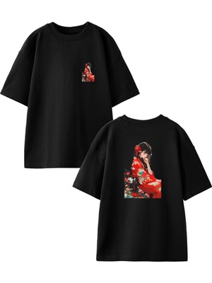 Nmg Tekstil Siyah Oversize Pamuk Güzel Japon Kız Ön Arka Baskılı Örme T-Shirt
