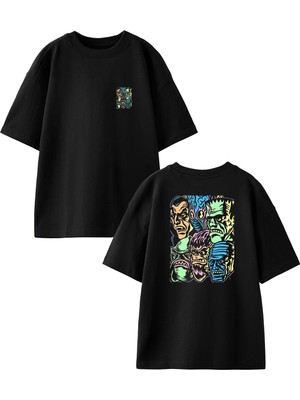 Nmg Tekstil Siyah Oversize Pamuk Renkli Çizim Yüzler Ön Arka Baskılı Örme T-Shirt