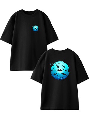 Nmg Tekstil Siyah Oversize Pamuk Su Köpek Balığı Ön Arka Baskılı Örme T-Shirt
