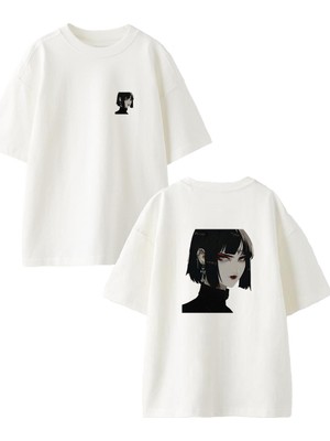 Nmg Tekstil Beyaz Oversize Pamuk Alnı Dövmeli Anime Kız Ön Arka Baskılı Örme T-Shirt