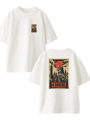 Nmg Tekstil Beyaz Oversize Pamuk Catzilla Poster Ön Arka Baskılı Örme T-Shirt