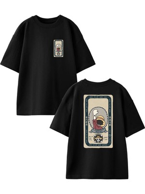 Nmg Tekstil Siyah Oversize Pamuk Şapkalı Erkek Çocuk Poster Ön Arka Baskılı Örme T-Shirt