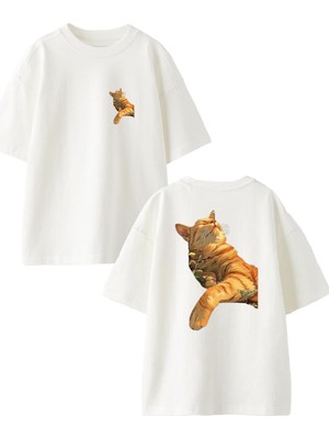 Nmg Tekstil Beyaz Oversize Pamuk Mayışık Kedi Ön Arka Baskılı Örme T-Shirt