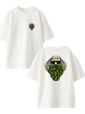 Nmg Tekstil Beyaz Oversize Pamuk Yeşil Sakal Hip Ön Arka Baskılı Örme T-Shirt