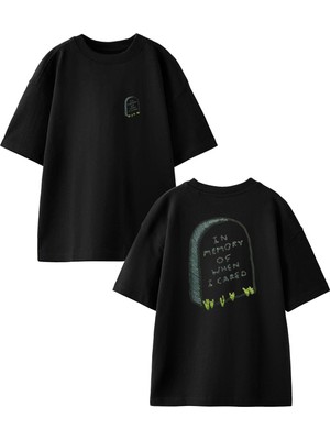 Nmg Tekstil Siyah Oversize Pamuk In Memory Mezar Taşı Ön Arka Baskılı Örme T-Shirt