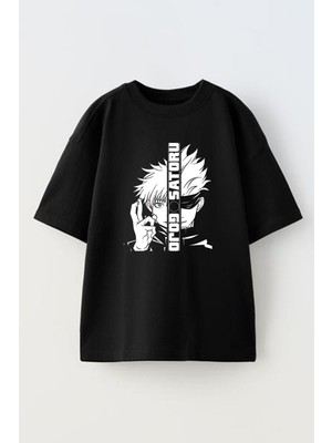 Nmg Tekstil Siyah Oversize Pamuk Gojo And Saturo Baskılı Örme T-Shirt