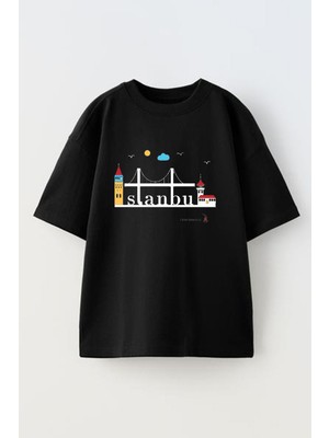 Nmg Tekstil Siyah Oversize Pamuk Istanbul Çizim Köprü Baskılı Örme T-Shirt