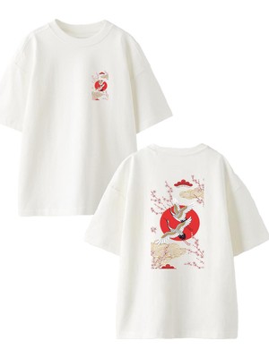 Nmg Tekstil Beyaz Oversize Pamuk Çin Leylekler Ön Arka Baskılı Örme T-Shirt