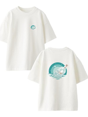 Nmg Tekstil Beyaz Oversize Pamuk Dilek Şişesi Ön Arka Baskılı Örme T-Shirt