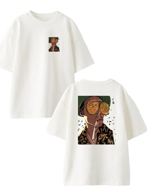 Nmg Tekstil Beyaz Oversize Pamuk Büyük Gözlüklü Adam Ön Arka Baskılı Örme T-Shirt