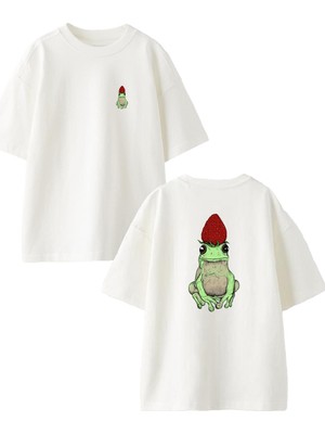 Nmg Tekstil Beyaz Oversize Pamuk Çilekli Kurbağa Ön Arka Baskılı Örme T-Shirt