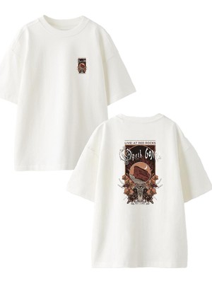 Nmg Tekstil Beyaz Oversize Pamuk Opeth Gojira Poster Ön Arka Baskılı Örme T-Shirt