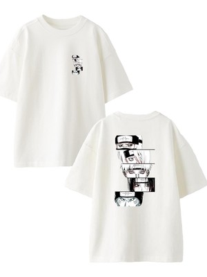 Nmg Tekstil Beyaz Oversize Pamuk Anime Bakışlar Erkek Ön Arka Baskılı Örme T-Shirt