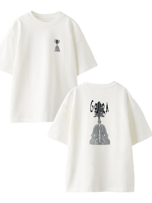 Nmg Tekstil Beyaz Oversize Pamuk Gojira Ağaç Gölge Ön Arka Baskılı Örme T-Shirt