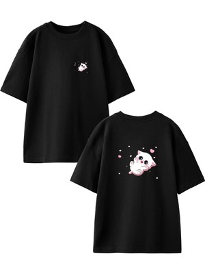 Nmg Tekstil Siyah Oversize Pamuk Yatay Kedicik Şirin Ön Arka Baskılı Örme T-Shirt