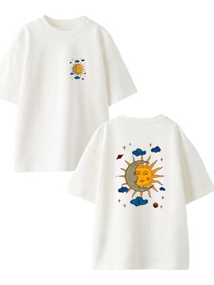 Nmg Tekstil Beyaz Oversize Pamuk Güneş Bulut Desen Ön Arka Baskılı Örme T-Shirt