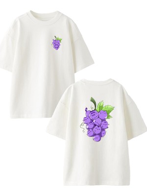 Nmg Tekstil Beyaz Oversize Pamuk Üzüm Çizim Ön Arka Baskılı Örme T-Shirt