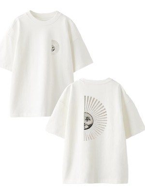 Nmg Tekstil Beyaz Oversize Pamuk Yarım Güneş Ön Arka Baskılı Örme T-Shirt