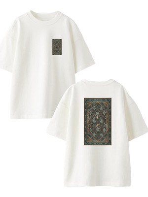 Nmg Tekstil Beyaz Oversize Pamuk Yeşil Halı Ön Arka Baskılı Örme T-Shirt