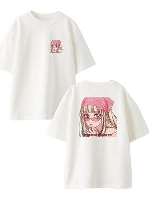 Nmg Tekstil Beyaz Oversize Pamuk Pembe Bandanalı Çizgi Kız Ön Arka Baskılı Örme T-Shirt