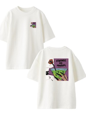 Nmg Tekstil Beyaz Oversize Pamuk Strange Unusual Ön Arka Baskılı Örme T-Shirt
