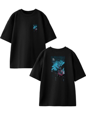 Nmg Tekstil Siyah Oversize Pamuk Düşen Adam Çizim Ön Arka Baskılı Örme T-Shirt