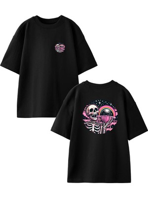 Nmg Tekstil Siyah Oversize Pamuk Kurukafa Pembe Ufo Ön Arka Baskılı Örme T-Shirt