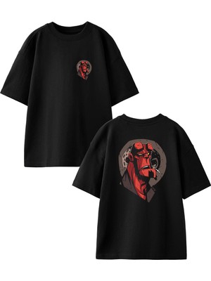 Nmg Tekstil Siyah Oversize Pamuk Maymun Drakula Ön Arka Baskılı Örme T-Shirt