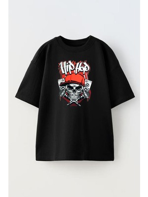 Nmg Tekstil Siyah Oversize Pamuk Hiphop Kurukafa Baskılı Örme T-Shirt
