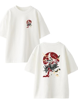 Nmg Tekstil Beyaz Oversize Pamuk Japon Poster Kuşlar Ön Arka Baskılı Örme T-Shirt