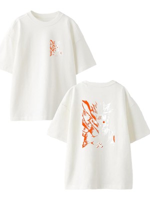 Nmg Tekstil Beyaz Oversize Pamuk Turuncu Anime Ön Arka Baskılı Örme T-Shirt