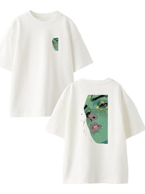 Nmg Tekstil Beyaz Oversize Pamuk Yeşil Makyajlı Kız Ön Arka Baskılı Örme T-Shirt