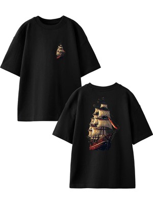 Nmg Tekstil Siyah Oversize Pamuk Yelkenli Büyük Gemi Ön Arka Baskılı Örme T-Shirt