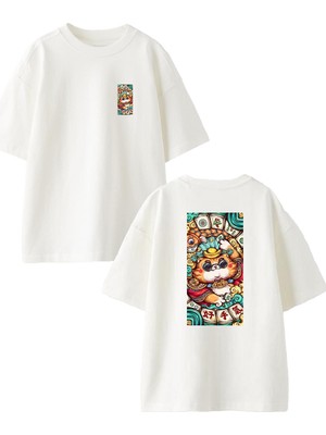 Nmg Tekstil Beyaz Oversize Pamuk Paralı Kedicik Ön Arka Baskılı Örme T-Shirt