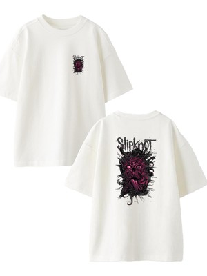 Nmg Tekstil Beyaz Oversize Pamuk Slipknot Pembe Ön Arka Baskılı Örme T-Shirt