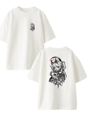 Nmg Tekstil Beyaz Oversize Pamuk Şeytan Kız Ayıcık Oyuncak Ön Arka Baskılı Örme T-Shirt