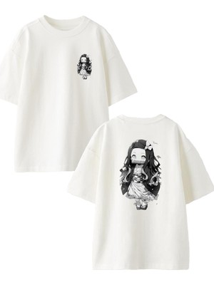 Nmg Tekstil Beyaz Oversize Pamuk Şirin Ip Atlayan Kız Ön Arka Baskılı Örme T-Shirt