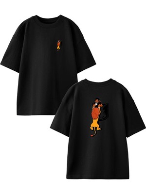 Unisex Siyah Oversize Pamuk Düşen Aslan Ön Arka Baskılı Örme T-Shirt