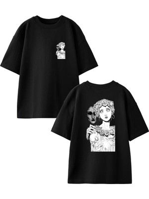 Nmg Tekstil Siyah Oversize Pamuk Heykel Şeytan Ön Arka Baskılı Örme T-Shirt