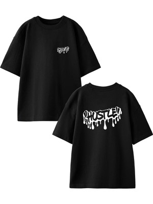 Nmg Tekstil Siyah Oversize Pamuk Hustlev Yazi Ön Arka Baskılı Örme T-Shirt