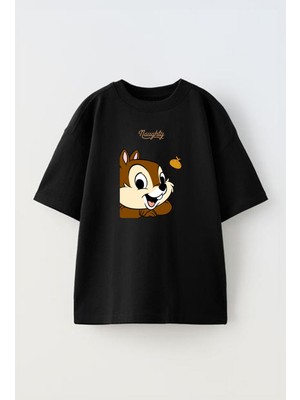 Nmg Tekstil Siyah Oversize Pamuk Yavru Sincap Fındık Baskılı Örme T-Shirt
