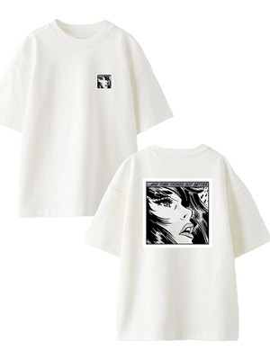Nmg Tekstil Beyaz Oversize Pamuk Karikatür Kadın Gazate Ön Arka Baskılı Örme T-Shirt