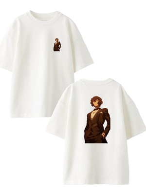 Nmg Tekstil Beyaz Oversize Pamuk Smokinli Anime Ön Arka Baskılı Örme T-Shirt