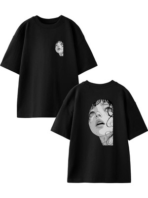 Nmg Tekstil Siyah Oversize Pamuk Kıvırcık Cool Kız Ön Arka Baskılı Örme T-Shirt