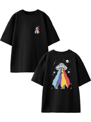 Nmg Tekstil Siyah Oversize Pamuk Uzay Gemisi Ön Arka Baskılı Örme T-Shirt