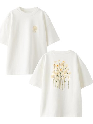 Nmg Tekstil Beyaz Oversize Pamuk Papatya Demeti Ön Arka Baskılı Örme T-Shirt
