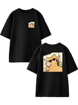 Nmg Tekstil Siyah Oversize Pamuk Şarapçı Kedi Ön Arka Baskılı Örme T-Shirt